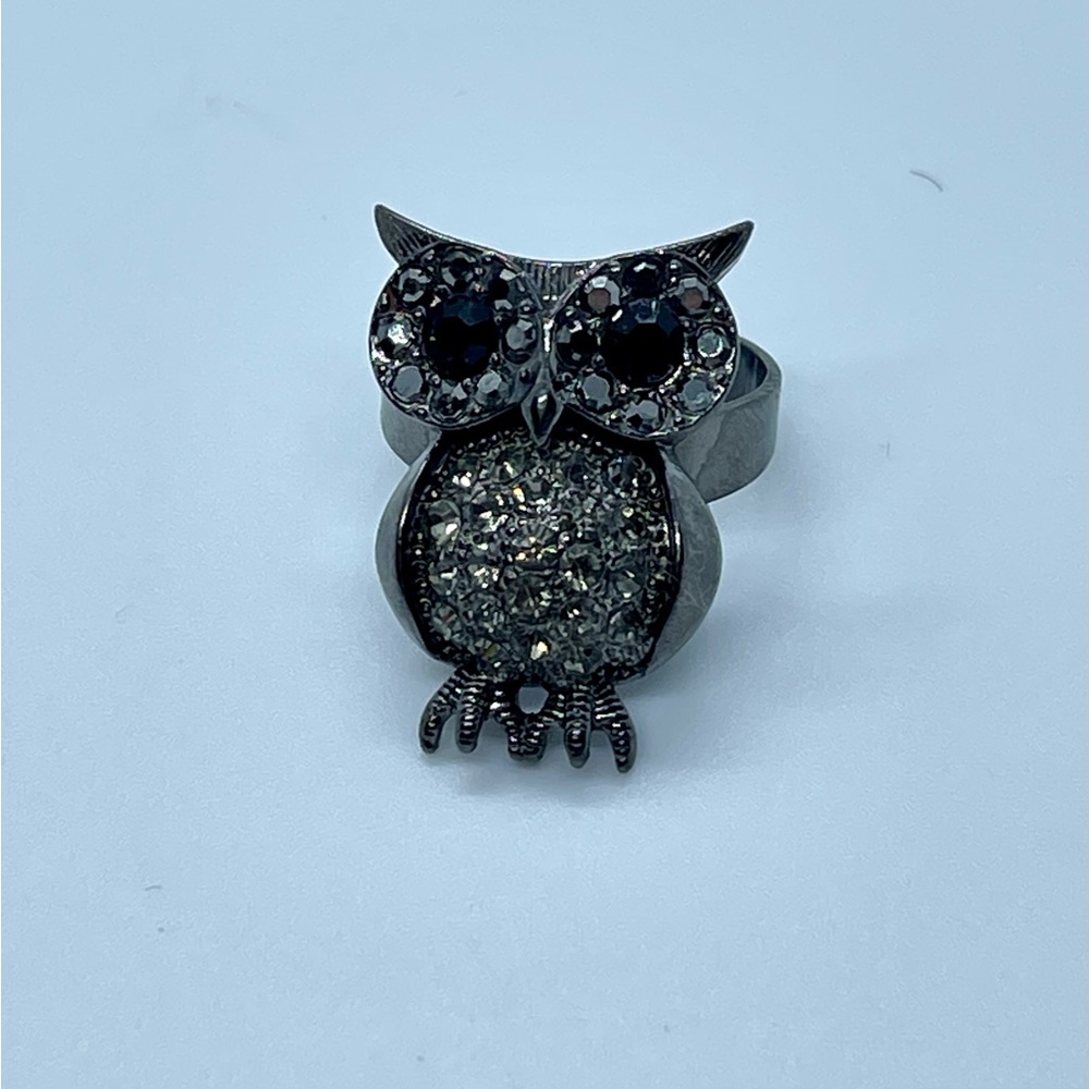 Vintage Adjustable faux diamond & Black Gemstone cute flashy owl ring
